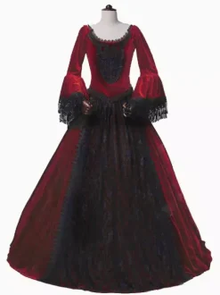 Bourgogne rétro Costumes femmes Marie Antoinette Costume dentelle dentelle Polyester tunique robe rétro mascarade robe de bal