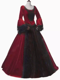 Bourgogne rétro Costumes femmes Marie Antoinette Costume dentelle dentelle Polyester tunique robe rétro mascarade robe de bal