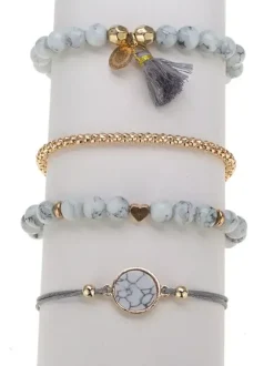 Bracelet pour femme blanc à plusieurs niveaux en similicuir sans pierre rond brillant multi-chaînes chaîne imprimé bracelets en pierre ensemble de 4 pièces