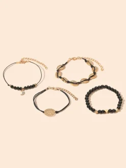 Bracelet Femme Noir Crochet Faux Cuir Non Pierre Multi-Chaîne Chaîne Bracelets Tissés
