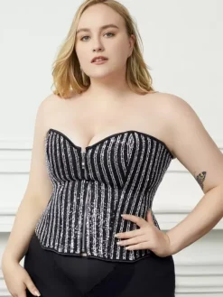 Bustier grande taille corset noir à lacets et fermeture éclair à rayures lingerie chic d'intérieur