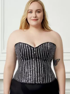 Bustier grande taille corset noir à lacets et fermeture éclair à rayures lingerie chic d'intérieur