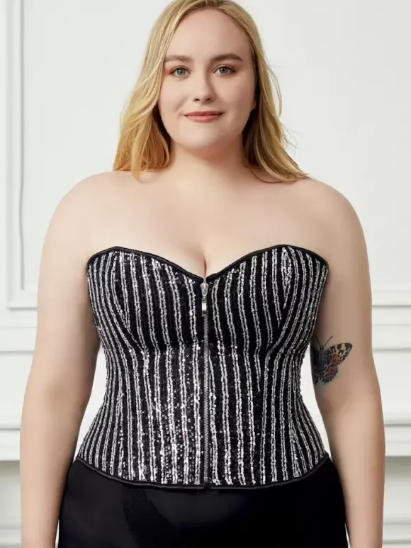 Bustier grande taille corset noir à lacets et fermeture éclair à rayures lingerie chic d'intérieur