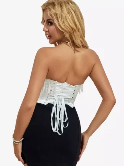 Bustier blanc pour femme avec pompon et bandage dans le dos et corset sous la poitrine