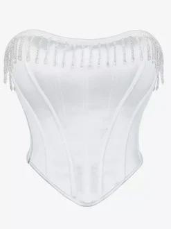 Bustier blanc pour femme avec pompon et bandage dans le dos et corset sous la poitrine