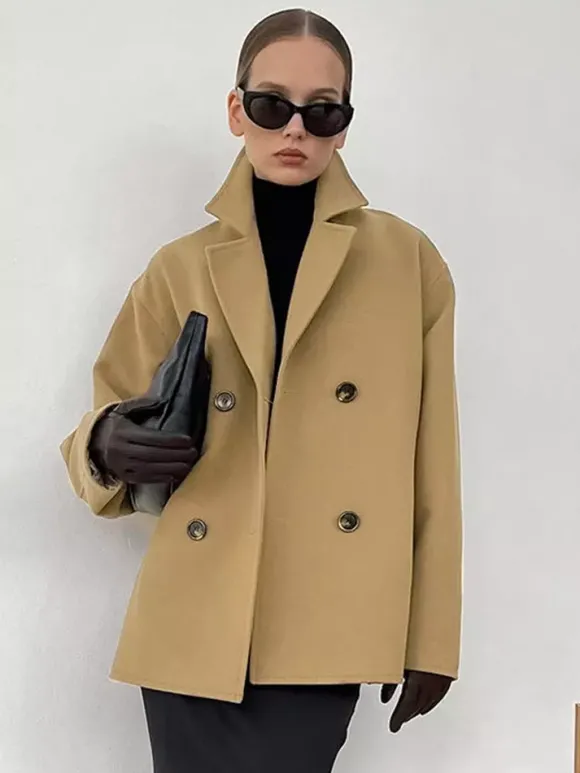 Caban camel croisé pour femme - Coupe carrée minimaliste à revers cranté - Collection streetwear printemps 2026 au luxe discret