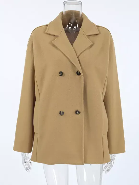 Caban camel croisé pour femme - Coupe carrée minimaliste à revers cranté - Collection streetwear printemps 2026 au luxe discret