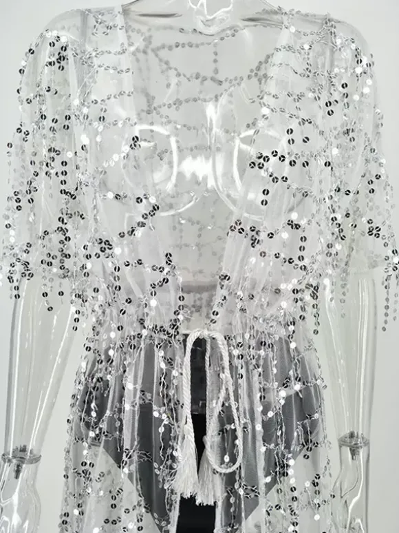 Cache-maillot à paillettes à manches mi-longues et sexy pour femme 2026