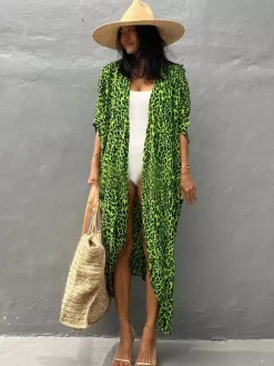 Cache-maillot maxi oversize à volants et manches longues tie-dye manches chauve-souris vert décontracté maillot de bain d'été pour la plage
