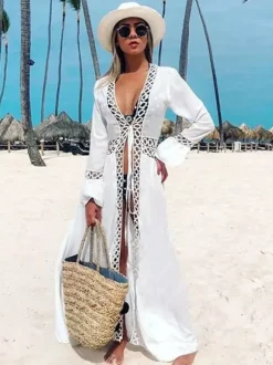 Cache-maillots à volants et découpes en dentelle manches longues maillots de bain blancs sexy pour l'été