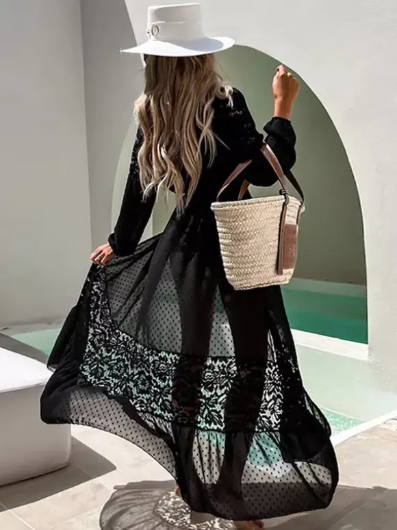 Cache-maillots à volants oversize en dentelle à manches longues maillots de bain noirs sexy pour l'été