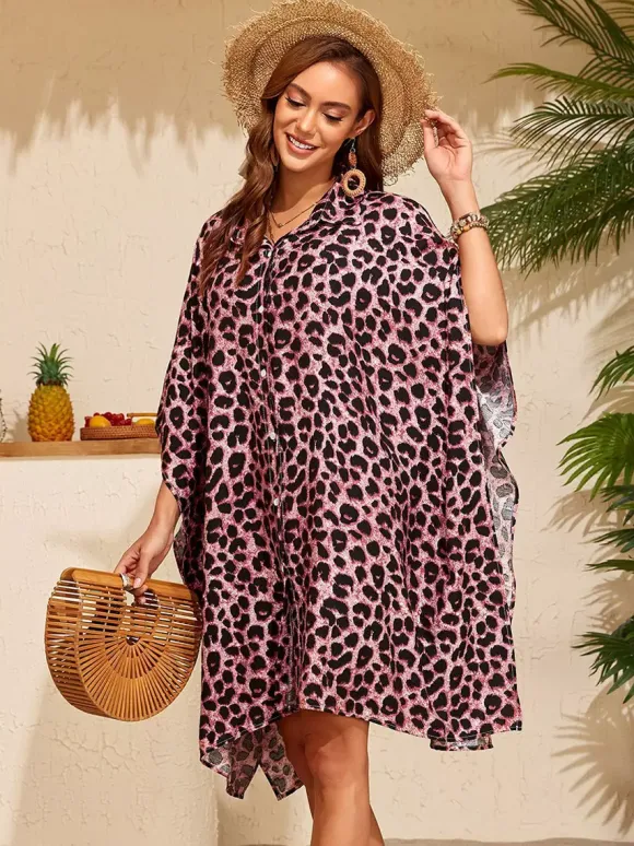Cache-maillots oversize à manches courtes et col rabattu manches chauve-souris maillots de bain léopard sexy.