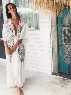 Cache-maillots oversize en dentelle ajourée à manches longues maillots de bain blancs d'été pour la plage