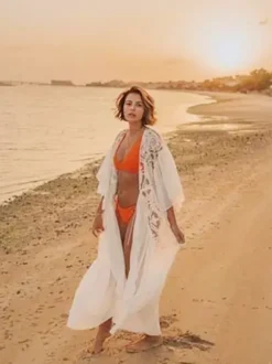 Cache-maillots oversize en dentelle ajourée à manches longues maillots de bain blancs d'été pour la plage