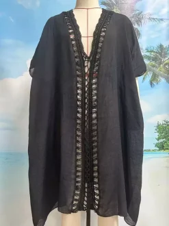 Cache-maillots en crochet à manches courtes et col en V maillots de bain noirs mignons pour la plage
