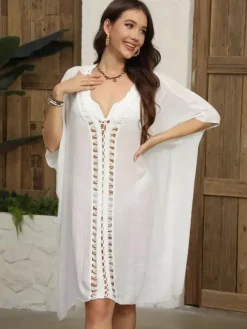Cache-maillots en crochet à manches courtes et col en V maillots de bain noirs mignons pour la plage