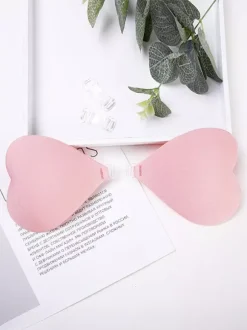 Cache-tétons en acrylique rose boutons triangulaires soutien-gorge push-up en silicone rose sans bretelles forme c艙ur.