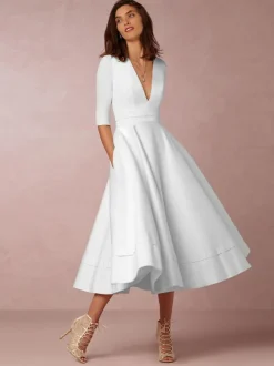 Cadeau Saint Valentin Robe de Soirée en Mousselines Longues à Col V avec Manches Mi-longues Coupe Cintrée Bas Evasée Unicolore Robe de Cocktail