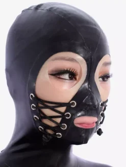 Cagoule de latex noir avec yeux ouverts et lacet Déguisements Halloween