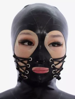 Cagoule de latex noir avec yeux ouverts et lacet Déguisements Halloween