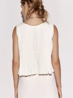 Camisole blanc top à lacet plissé coton lin décontracté femmes haut