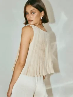 Camisole blanc top à lacet plissé coton lin décontracté femmes haut