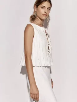 Camisole blanc top à lacet plissé coton lin décontracté femmes haut