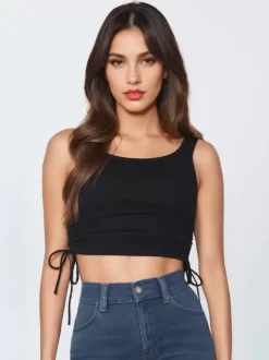 Camisole bleu ciel clair col en U cordon de serrage Polyester Convertible Chic femmes Camis