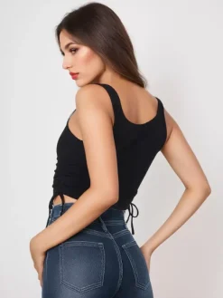 Camisole bleu ciel clair col en U cordon de serrage Polyester Convertible Chic femmes Camis