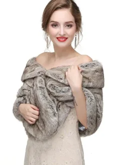 Cape Manteau Poncho Femme Mariage en Fousse Fourrure Synthétique à Col V Taille Haute Bicolores