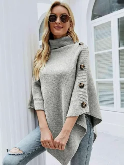 Cape Poncho Femme Côtelé à Col Montant avec Manches Longues Unicolore Manteau Femme