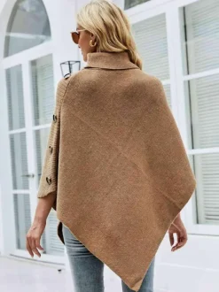 Cape Poncho Femme Côtelé à Col Montant avec Manches Longues Unicolore Manteau Femme