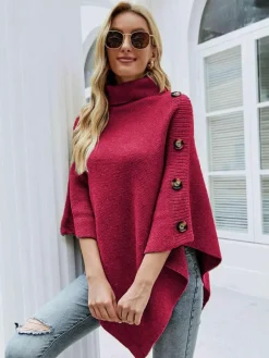 Cape Poncho Femme Côtelé à Col Montant avec Manches Longues Unicolore Manteau Femme