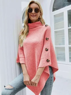 Cape Poncho Femme Côtelé à Col Montant avec Manches Longues Unicolore Manteau Femme