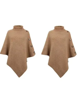 Cape Poncho Femme Côtelé à Col Montant avec Manches Longues Unicolore Manteau Femme