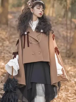 Cape gothique Lolita en polyester marron café avec n艙uds et chaînes pour vêtements d'extérieur Lolita d'hiver