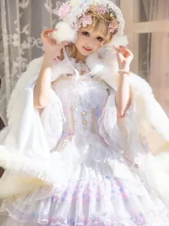 Cape Lolita de style ROCOCO en polyester blanc à blocs de couleurs pour l'automne