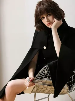 Capes Manteau Poncho Femmes Courtes à Col Revers Décors avec Boutonnages Croisées Unicolore