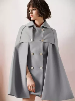 Capes Manteau Poncho Femmes Courtes à Col Revers Décors avec Boutonnages Croisées Unicolore