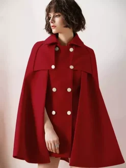 Capes Manteau Poncho Femmes Courtes à Col Revers Décors avec Boutonnages Croisées Unicolore