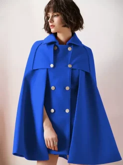 Capes Manteau Poncho Femmes Courtes à Col Revers Décors avec Boutonnages Croisées Unicolore