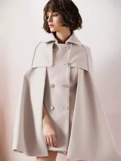 Capes Manteau Poncho Femmes Courtes à Col Revers Décors avec Boutonnages Croisées Unicolore