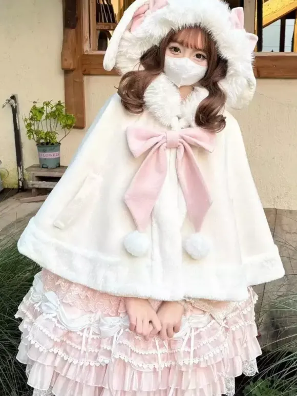 Cape Sweet Lolita avec n艙ud papillon et oreilles de lapin cape en fourrure de lapin premium vêtement d'extérieur chaud et mignon
