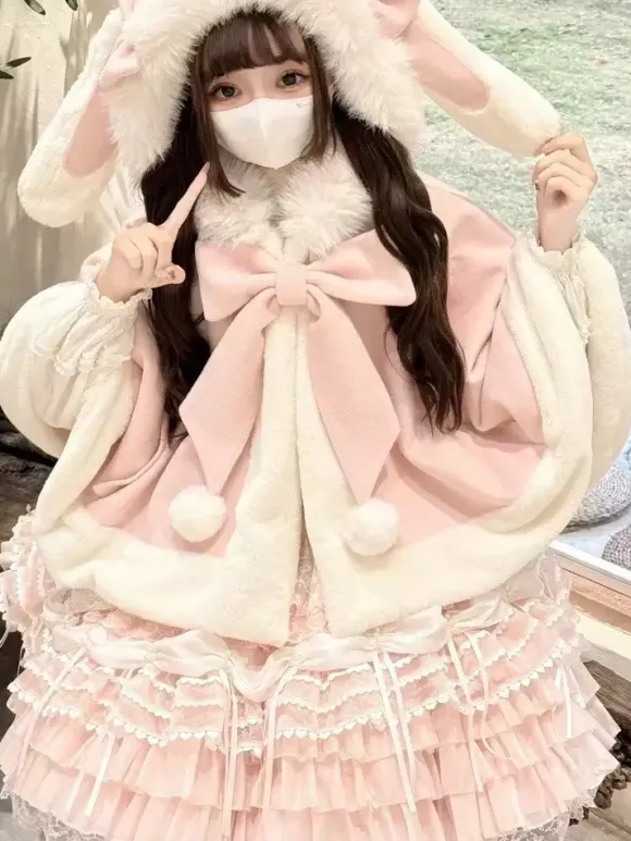 Cape Sweet Lolita avec n艙ud papillon et oreilles de lapin cape en fourrure de lapin premium vêtement d'extérieur chaud et mignon