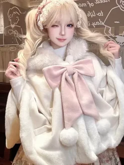 Cape Sweet Lolita avec n艙ud papillon et oreilles de lapin cape en fourrure de lapin premium vêtement d'extérieur chaud et mignon