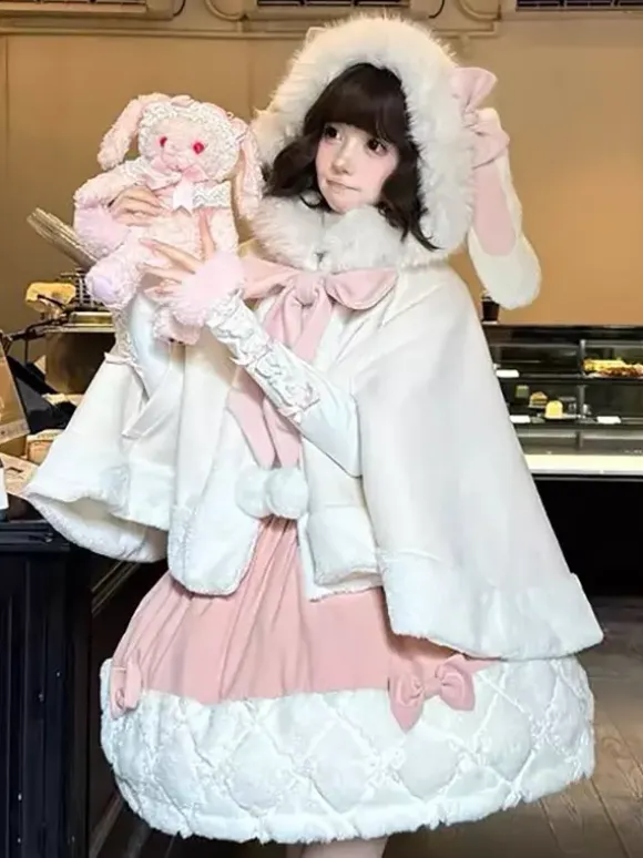 Cape Sweet Lolita avec n艙ud papillon et oreilles de lapin cape en fourrure de lapin premium vêtement d'extérieur chaud et mignon