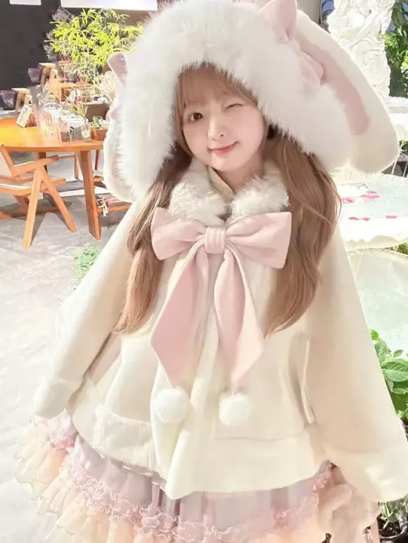 Cape Sweet Lolita avec n艙ud papillon et oreilles de lapin cape en fourrure de lapin premium vêtement d'extérieur chaud et mignon