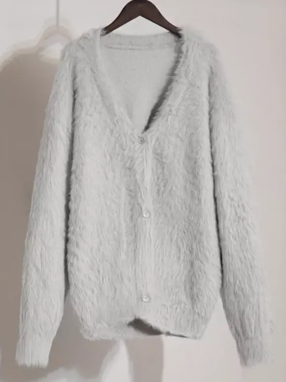 Cardigan en fausse fourrure kaki à manches longues et col en V surdimensionné pour femme vêtement d'extérieur confortable pour le printemps 2026