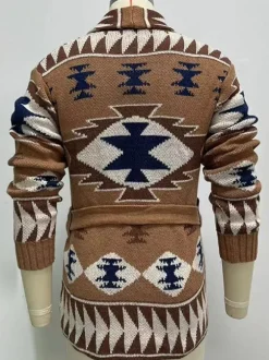 Cardigan Pour Homme Pulls Chic Géométrique Manches Longues Marron Café Ceinture