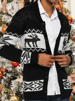 Cardigan décontracté à manches longues pour hommes  pull à motif de noël